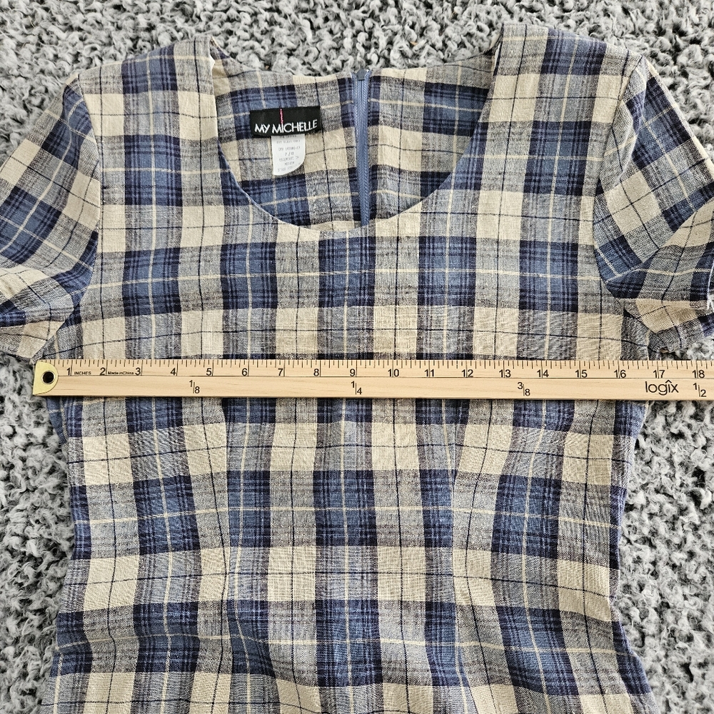Vintage 90s My Michelle Blue Plaid Mini Dress 7/8 XS Short Sleeve Linen Grunge - Picture 7 of 14